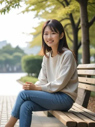 young japanese woman sits on a bench,a woman is sitting on a bench looking back,japanese woman,kaori,mikiko,girl sitting,hiroko,koreana