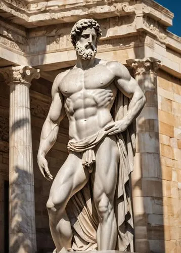 Ancient Greek statue, marble material, intricate details, ornate pedestal, columnar structure, temple surroundings, sunny day, warm light, dramatic shadows, heroic male figure, muscular body, flowing 