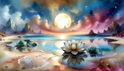 water lillies sitting in the sand under a painting,fantasy picture,fantasy landscape,fantasy art,dreamscape,dreamscapes,mushroom landscape,Illustration,Realistic Fantasy,Realistic Fantasy 01