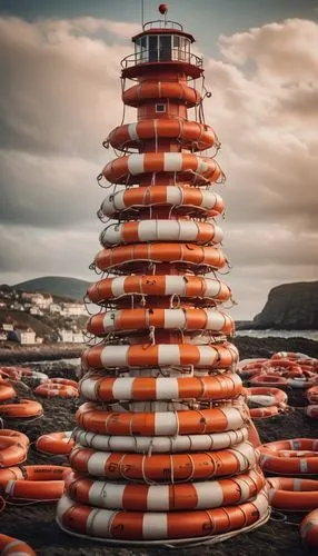 a tower built by many lifebuoys,red lighthouse,life buoy,stack of tug boat,traffic cone,safety buoy,lighthouse,electric lighthouse,diving bell,lifebuoy,point lighthouse torch,petit minou lighthouse,ma