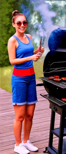 Summer BBQ scene, happy girl, casual wear, tank top, denim shorts, sneakers, sunglasses, ponytail, smiling face, holding BBQ fork, sizzling meat on grill, smoke rising, wooden picnic table, outdoor se