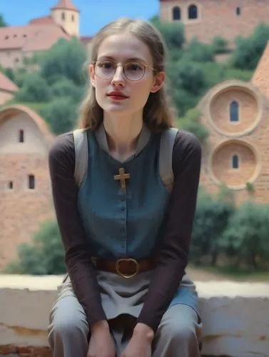 Hildegard, the day before her consecration as a nun in the idyllic monastery of Bingen, with a thoughtful look on her face as she prepares for the next step on her spiritual path.,a young lady is sitt