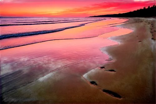 Seaside landscape, sunrise, morning sky, orange pink clouds, golden light, calm sea, gentle waves, sandy beach, footprints leading to horizon, 3/4 composition, low angle shot, warm color tone, soft fo