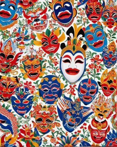 A vibrant display of 20 diverse and colorful Wayang masks. Each mask features unique designs, ranging from traditional red, white,and blue patterns to more contemporary and abstract styles. Some masks