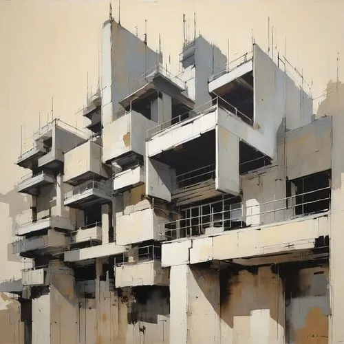 habitat 67,brutalist,lasdun,brutalism,facade painting,hejduk,savoye,sheeler,apartment block,corbu,block of flats,multistorey,balconies,unbuilt,apartment building,seidler,casgrain,deconstructivist,scampia,athens art school,Conceptual Art,Fantasy,Fantasy 10