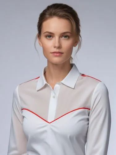 Full-size sample portrait,an attractive woman posing in front of a white wall,polo shirt,makarova,radwanska,female nurse,safarova,kvitova,Photography,General,Realistic