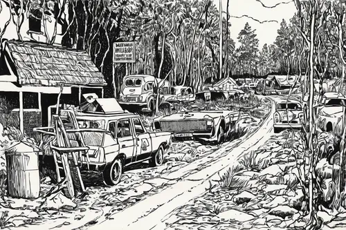 salvage yard,roadside,logging truck,junk yard,gas-station,mono-line line art,road construction,forest workers,junkyard,street scene,hand-drawn illustration,road work,village scene,village life,vietnam,scrap yard,filling station,game illustration,logging,fruit market,Illustration,Black and White,Black and White 17