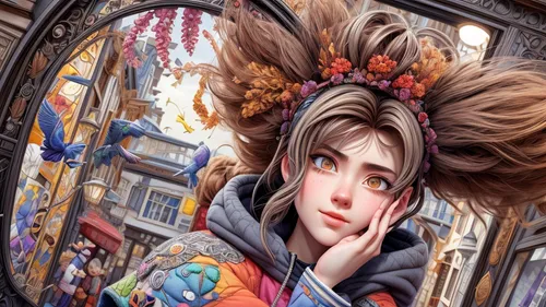 fantasy portrait,city ​​portrait,girl in a wreath,world digital painting,vanessa (butterfly),girl with speech bubble,portrait background,illustrator,winter festival,vendor,the girl's face,custom portrait,street artist,art nouveau,fantasy art,rapunzel,mystical portrait of a girl,hamelin,background image,murano