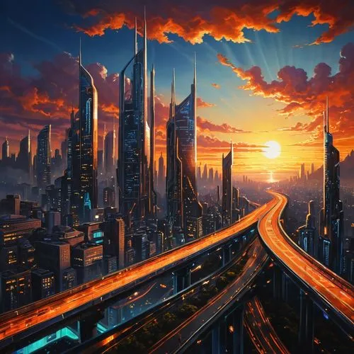 futuristic landscape,city highway,fantasy city,superhighways,metropolis,cityscape,Illustration,Abstract Fantasy,Abstract Fantasy 14