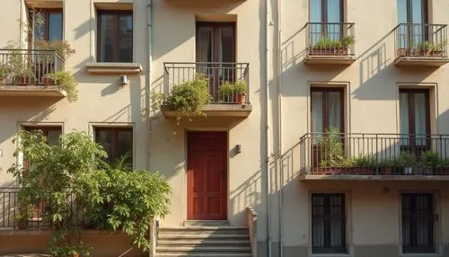 Social housing, building facade, plaster material, textured surface, rough finish, earthy tone, urban setting, cityscape, modern architecture, rectangular windows, metal railing, greenery balcony, pot