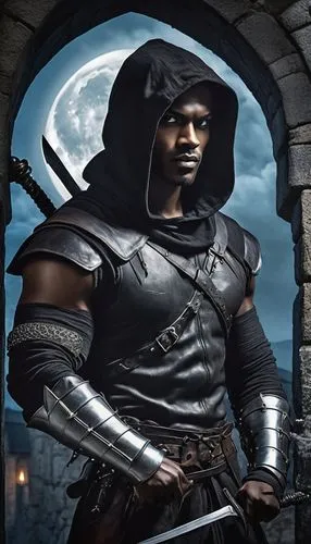 Dark-skinned muscular male rogue, medieval fantasy setting, leather armor, hood up, scar above left eyebrow, sharp facial features, messy black hair, silver earring, holding a dagger, crouching on a s