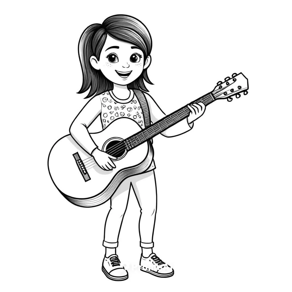 a black and white drawing of a  playing an ukele,guitar,playing the guitar,coloring pages kids,girl with speech bubble,ukulele,strumming,Design Sketch,Design Sketch,Black and white Comic