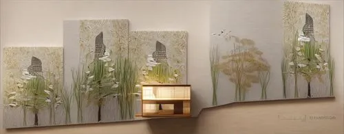 AVISTAJE DE AVES DE BAMBU,ESPACIO  ARQUITECTONICO,bamboo curtain,beargrass,bamboo plants,flower painting,wallcoverings,table lamps,wisteria shelf,flower vases,flower wall en,wallcovering,sconces,phyll