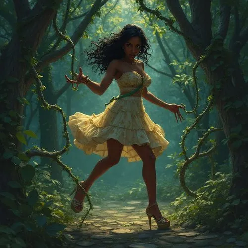 J. Scott Campbell style realistic drawing of a black woman in platform heels and a summer dress


she is being attacked by some sort of living plant monster wrapping her up in its vines the vines are 