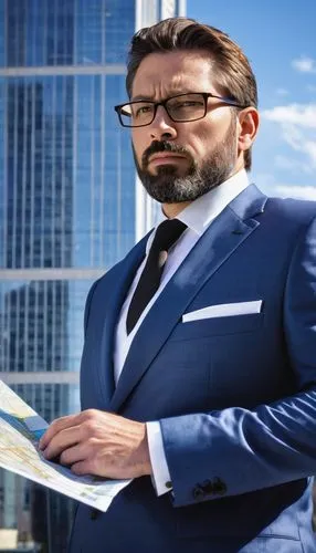 Middle-aged male architect, serious expression, glasses, short brown hair, beard, formal wear, white shirt, black tie, dark blue suit, holding a blueprint, standing in front of a modern skyscraper, ur