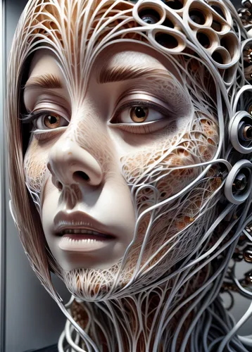 biomechanical,cybernetics,fractal design,humanoid,artificial hair integrations,fractals art,neural network,cyborg,sci fiction illustration,wireframe graphics,wireframe,fractalius,image manipulation,virtual identity,filigree,woman face,mandelbulb,artificial intelligence,head woman,woman's face