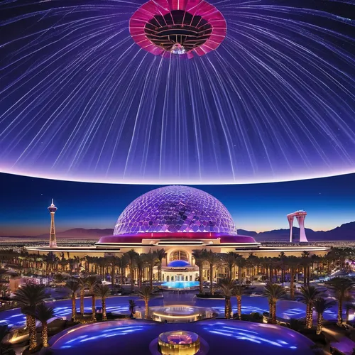 futuristic architecture, Vegas Dome, geodesic structure, reflective glass panels, neon lights, bustling nightlife, desert landscape, surrounding casinos, prominent skyline feature, tourists admiring, 