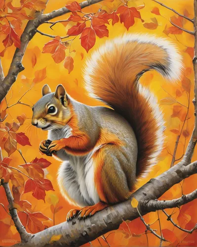 Describe the graceful movements of a fox squirrel as it gathers acorns in a vibrant autumn forest.,autumn icon,tree squirrel,squirell,abert's squirrel,eurasian squirrel,squirrel,autumn background,fall