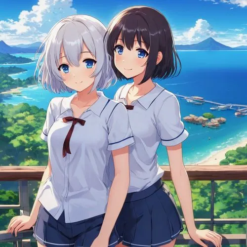 yuki nagato sos brigade,honolulu,sanya,summer background,nagasaki,gunkanjima,beach background,honmei choco,ocean background,two girls,hand in hand,hands holding,kilimanjaro,himuto,kantai,ganai,piko,hokkaido,kei islands,torii,Illustration,Japanese style,Japanese Style 03