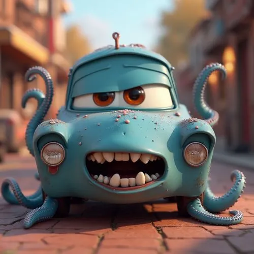 a cute cartoon character is sitting down,mater,cartoon car,renderman,cute cartoon character,pleakley,hotrod car