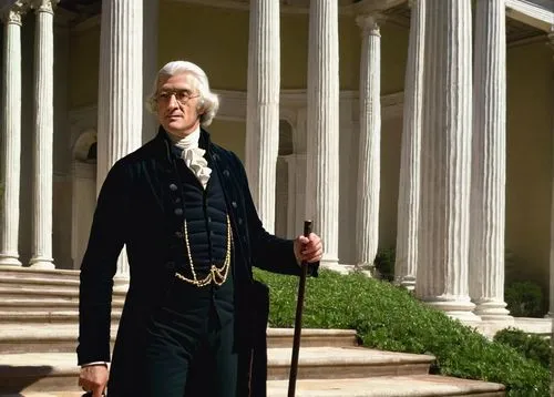 Thomas Jefferson, historical figure, mature man, white hair, glasses, suit, waistcoat, holding a cane, standing, Monticello, neoclassical architecture, columns, domes, balconies, marble floors, grand 