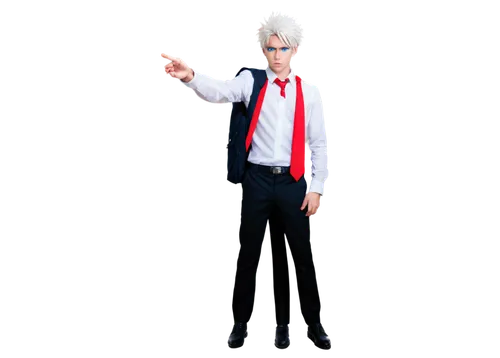 Pexells, anime boy, blue eyes, spiky white hair, serious expression, black school uniform, white shirt, red tie, slim build, standing, dramatic pose, dynamic composition, high contrast lighting, cinem