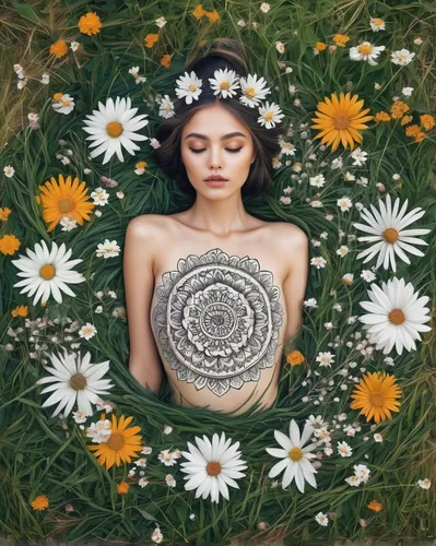 girl in flowers,daisies,mandala flower illustration,beautiful girl with flowers,sunflower lace background,girl in a wreath,mandala flower,wreath of flowers,daisy flowers,white cosmos,mandala illustrations,girl lying on the grass,blooming wreath,mandala illustration,field of flowers,mandala art,flower background,daisy flower,girl in the garden,wildflower,Illustration,Realistic Fantasy,Realistic Fantasy 07