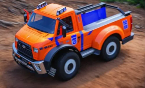 Orange pickup truck on a stone road in a forest,unimog,mountain rescue,kamaz,emergency vehicle,rescue service,rosenbauer,off-road vehicle,off road vehicle,uaz patriot,defender,off road toy,emergency a