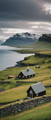 Icelandic architecture, Nordic style, snow-capped roofs, wooden church-like buildings, turf-covered houses, rustic stone walls, intricately carved doorways, narrow windows, steeply pitched roofs, gras