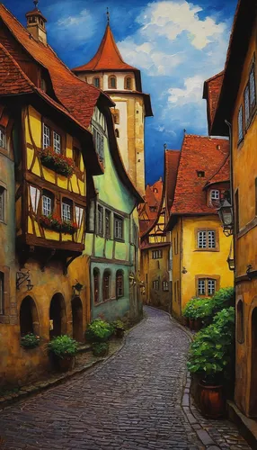 rothenburg,escher village,bamberg,nuremberg,medieval street,half-timbered houses,tübingen,eguisheim,alsace,the old town,muenster,old town,colmar,medieval town,half-timbered wall,street scene,knight village,aurora village,village street,freiburg,Illustration,Realistic Fantasy,Realistic Fantasy 30