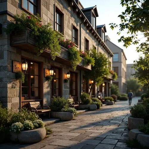 Rustic pub exterior, ornate Baroque-style fa\u00e7ade, lush greenery, overflowing flower boxes, distressed wooden accents, vintage lanterns, meandering stone pathways, natural rock formations, moss-co