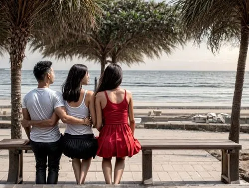 They sit together on a bench in front of the sea.  Looking at the sunset.,rizhao,hualien,chaung,hoian,xiamen,taitung,heart of love river in kaohsiung,ranh,beach background,lantau island,huahin,hainan,