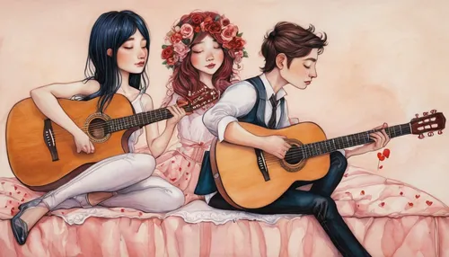 serenade,musicians,singers,pin-up girls,watercolor pin up,pin up girls,songbirds,porcelain dolls,flamenco,trio,young couple,classical guitar,david-lily,retro pin up girls,ukulele,music fantasy,duet,musical ensemble,rockabella,harmonia macrocosmica,Illustration,Abstract Fantasy,Abstract Fantasy 11