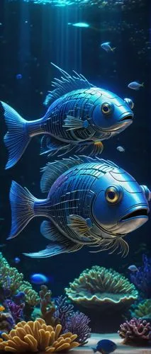 Futuristic AI robot, flounder-shaped body, metallic silver scales, glowing blue circuits, bright LED eyes, delicate fins, advanced propulsion system, swimming in a futuristic underwater city, neon lig