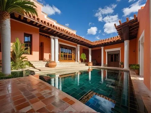 DISEÑO DE UNA CASA ESTILO MEXICANO MODERNO, CON UN CLAUSTRO CONFORMADO POR UNA TERRAZA  A BASE DE VIGAS DE MADERA, TEJA, COLUMNAS REDONDAS, EN EL CENTRO UN ESPEJO DE AGUA, CON EL ESTILO DE LA ARQUITEC