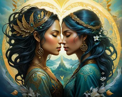 priestesses,garamantes,romantic portrait,mother kiss,amantes,mirror of souls,girl kiss,tretchikoff,consorts,reinas,mirror image,sapphic,rhinemaidens,wlw,sorceresses,kiss flowers,fantasy art,queenship,kissing,empresses,Conceptual Art,Fantasy,Fantasy 16