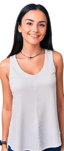 Close-up, facial portrait, young adult, casual smile, bright eyes, light makeup, straight black hair, natural eyebrows, white tank top, silver necklace, relaxed shoulders, leaning forward slightly, so