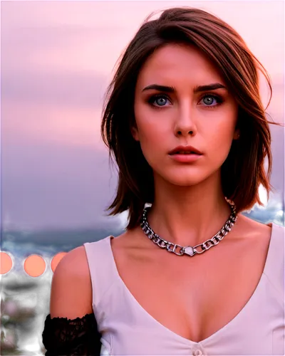 Waist-up portrait, close-up face, beautiful detailed eyes, light blush, natural makeup, shoulder-length hair, white blouse, elegant necklace, soft focus background, 3/4 composition, warm lighting, cin