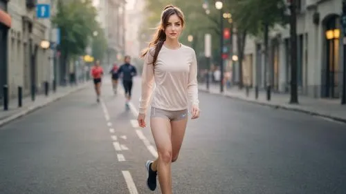 sports clothes, jogging in early morning city street,girl walking away,woman walking,girl in a long,pedestrian,woman's legs,girl in a long dress,a pedestrian,female runner,female model,parisienne,anor