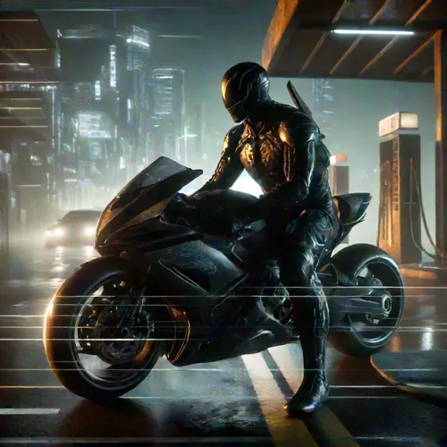 man in full armor and leather outfit leaning on a futuristic motorcycle,kymco,black motorcycle,electric motorcycle,sportbike,crysis,busa