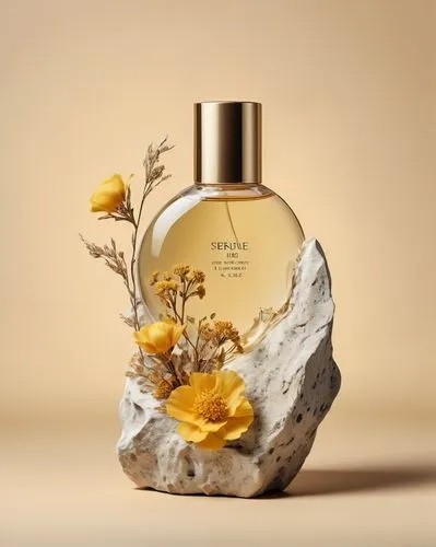 perfume, yellow flower, simple background ,
A solid light-colored background with a irregularly shaped rock,adorned with dried flowers on the side. ,,natural perfume,parfum,argan tree,coconut perfume,