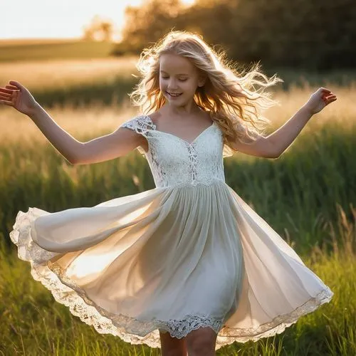 girl in white dress,little girl in wind,little girl twirling,little girl running,country dress,girl in a long dress,Photography,General,Realistic