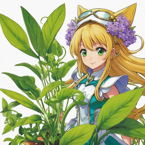 Describe a charming plant hero using their unique ability to win a competitive tournament.,lily of the field,lilly of the valley,holding flowers,frula,violet evergarden,citrus plant,flora,wiz,lilies o