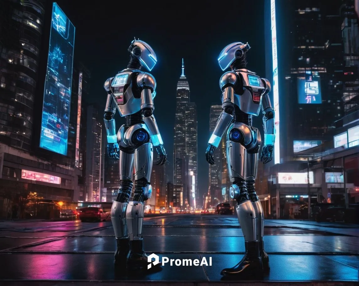 AI, android, futuristic, solo, standing, neon lights, cityscape, skyscraper, night scene, metallic skin, glowing blue eyes, short silver hair, white coat, black boots, robotic hands, intricate circuit