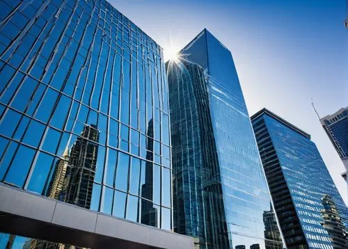 Calgary, modern architecture, skyscraper, glass building, steel structure, reflective surface, cityscape, urban landscape, sunny day, blue sky, few clouds, dramatic lighting, low-angle shot, wide-angl