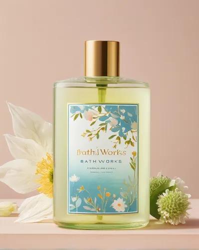 Craft an ethereal Bath and Body Works logo incorporating delicate floral elements.,scent of jasmine,parfum,natural perfume,fragrance,home fragrance,creating perfume,coconut perfume,dahlia white-green,