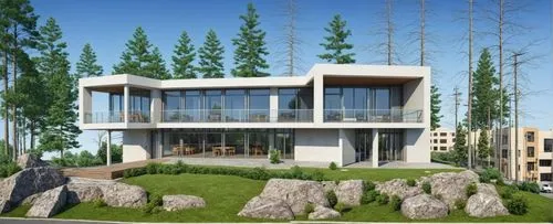 a rendering of a house surrounded by stone boulders and evergreens,3d rendering,modern house,residencial,arkitekter,cubic house,residential house,Photography,General,Realistic