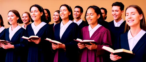 Church choir, group of people, mixed genders, diverse ages, formal attire, long robes, golden crosses, white collars, smiling faces, harmonious expressions, singing poses, hands holding hymnals, morni