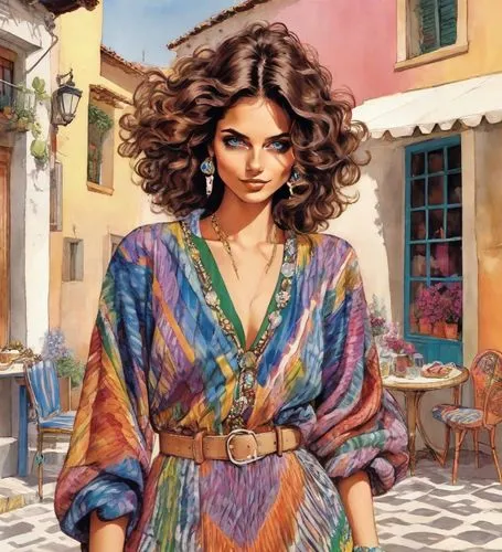 sophia loren,italian painter,sicily,persian,boho art,woman at cafe,apulia,girl in cloth,retro woman,bohemian,woman with ice-cream,hallia venezia,bazaar,mediterranean,vintage fashion,capri,boho,puglia,iranian,gipsy,Digital Art,Comic