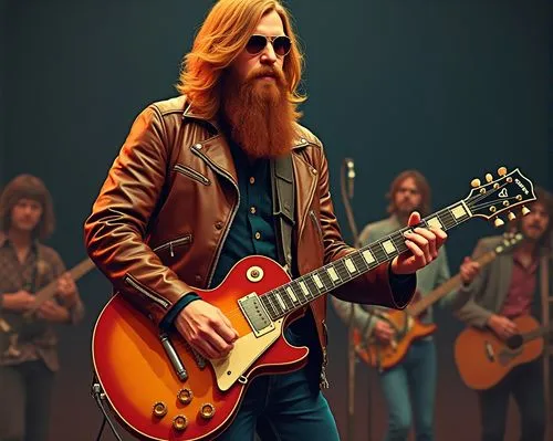 Un hombre alto, de unos 20 años de edad, cabellos largos y lisos de color rojizo, barba, chaqueta de cuero estilo años 1970 y con lentes de aviador, toca la guitarra en frente del público. Él está toc